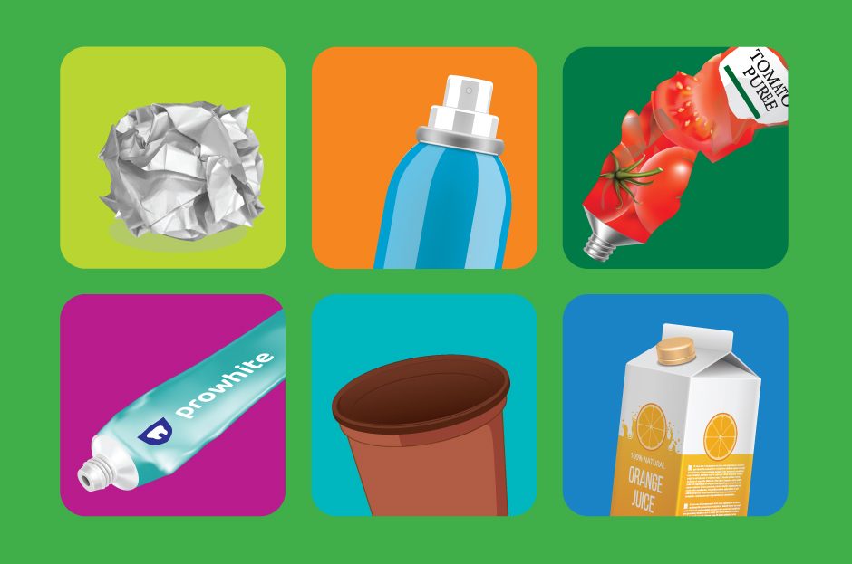 A selection of recyclable items arranged on colourful squares