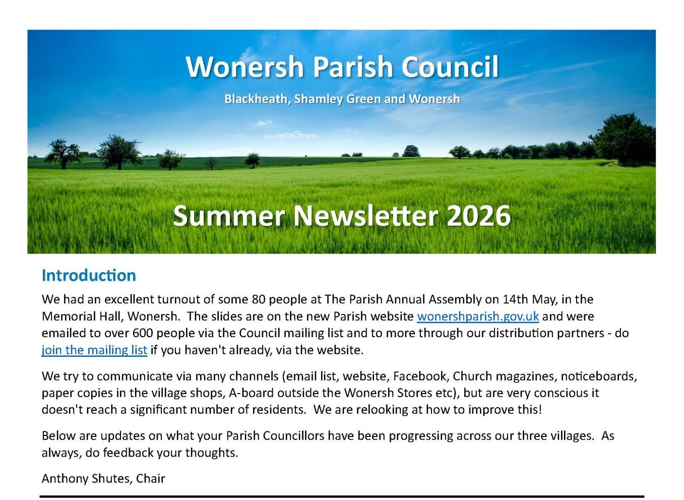 Wonersh Parish Council Summer Newsletter front page